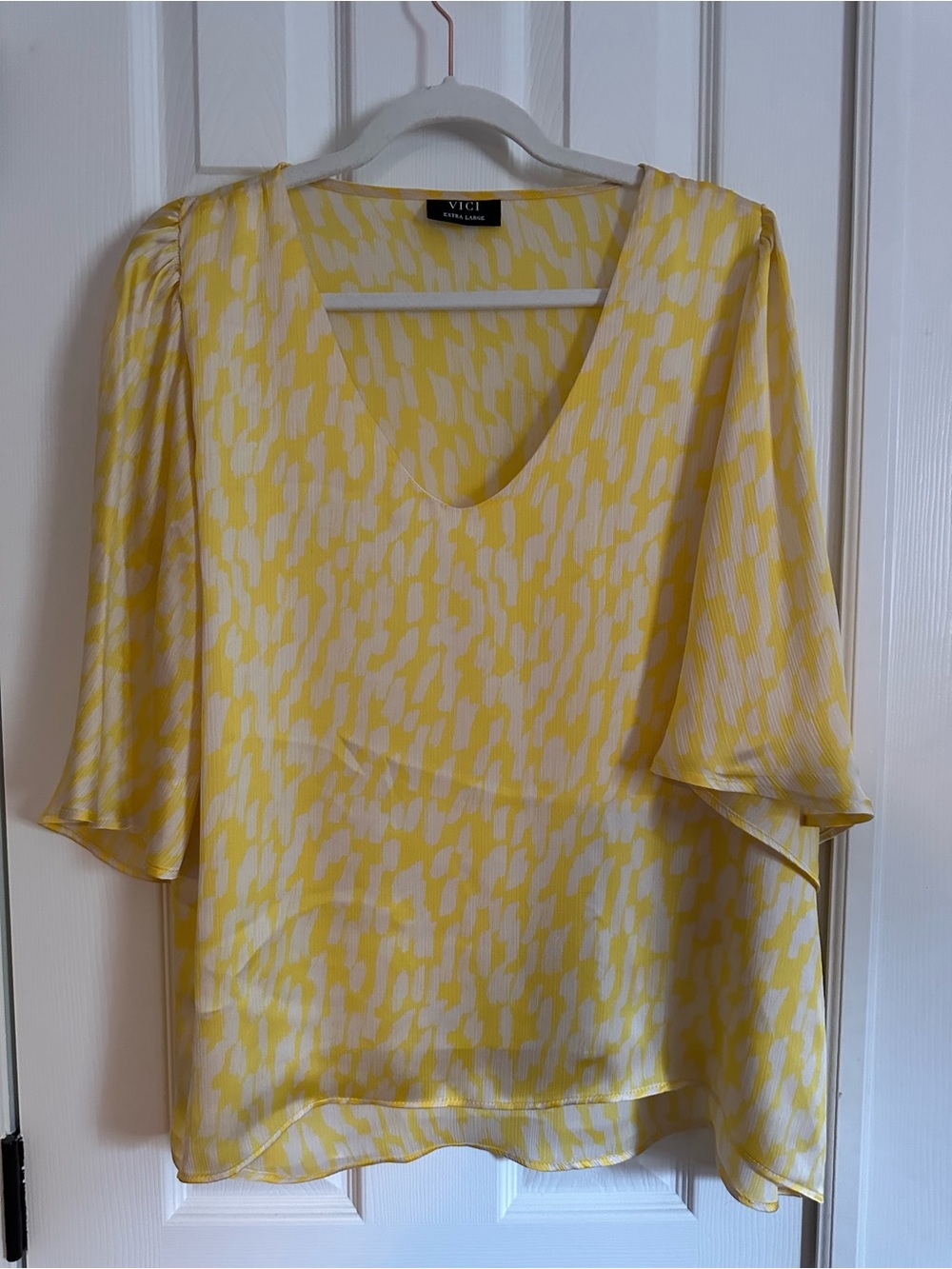 VICI Yellow and White Printed V-Neck Blouse